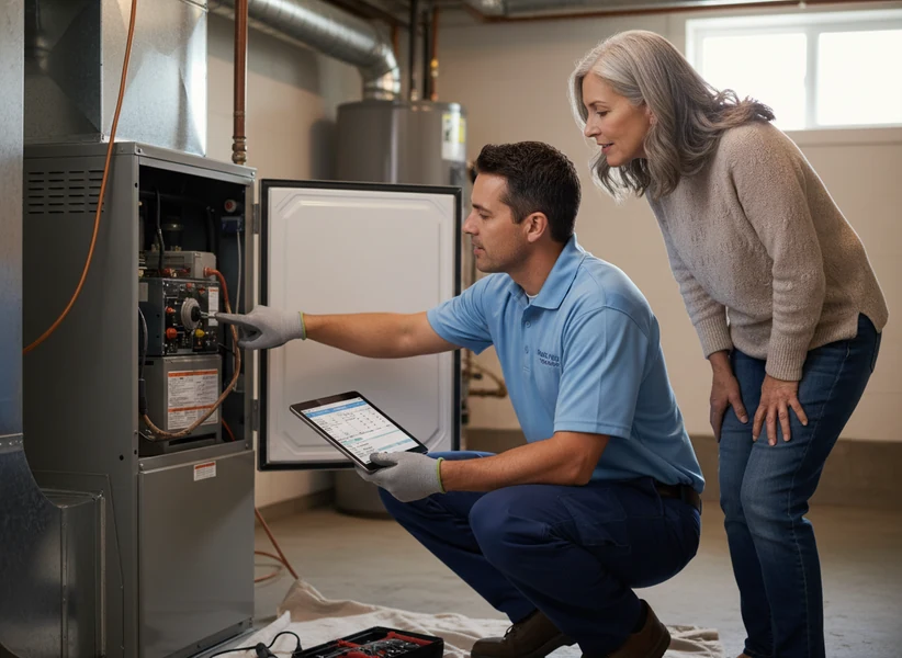 Illustrative technician explaining furnace components to a homeowner