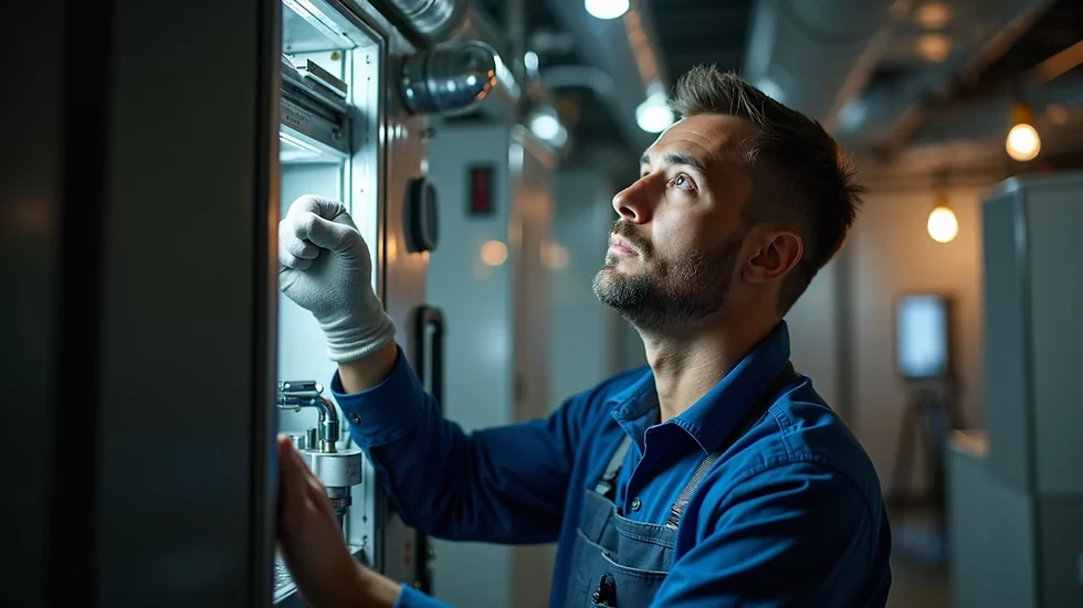 Illustrative HVAC technician inspecting indoor heating equipment